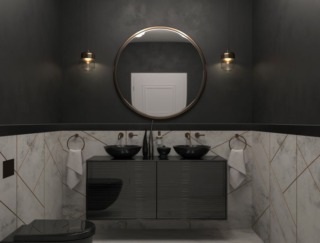 Luxury, black bathroom, with a double sink. Render image.
